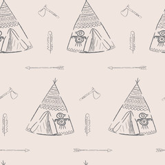 Hand drawn illustrations wigwam with decorative elements and a set of arrows, feather and tomahawk. Authentic tepee for design card. North American Indian wigwam © ptahai
