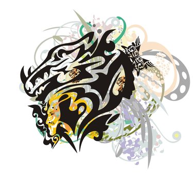 Grunge unusual dragon head. The stylized horned dragon whose neck is formed by woman's faces, with colorful floral splashes