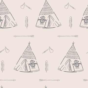 Hand drawn illustrations wigwam with decorative elements and a set of arrows, feather and tomahawk. Authentic tepee for design card. North American Indian wigwam
