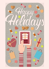 Hands Hold Tablet New Year Christmas Gift Decoration Vector Illustration