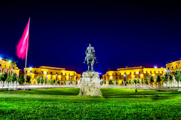 Skanderbeg Square with his statue in Tirana - Albania - obrazy, fototapety, plakaty