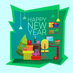 Empty Decorated Workplace Office Merry Christmas And Happy New Year Celebration Flat Vector Illustration