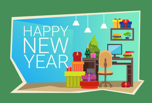 Empty Decorated Workplace Office Merry Christmas And Happy New Year Celebration Flat Vector Illustration
