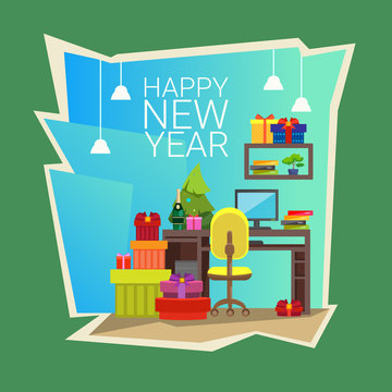 Empty Decorated Workplace Office Merry Christmas And Happy New Year Celebration Flat Vector Illustration