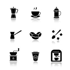 Coffee drop shadow black icons set