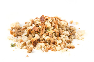 Bread and seasonings stuffing isolated on white background