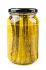 Thin sliced pickles isolated on white background