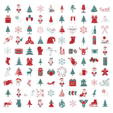 Christmas, New Year holidays icon big set. Red and green colours