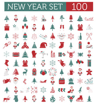 Christmas, New Year holidays icon big set. Red and green colours