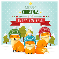 Merry Christmas and Happy New Year greeting card with fox family , vector , illustration