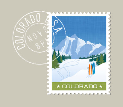 Colorado postage stamp design. Detailed vector illustration of skiing in mountains. Grunge postmark on separate layer