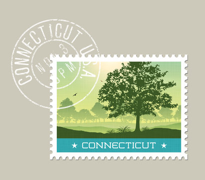  Connecticut postage stamp design. Detailed vector illustration of scenic countryside. Grunge postmark on separate layer