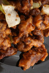 Chinese food. Veal in soya sauce and vegetables