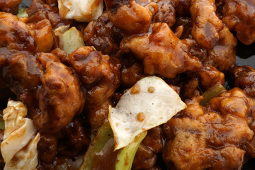 Chinese food. Veal in soya sauce and vegetables