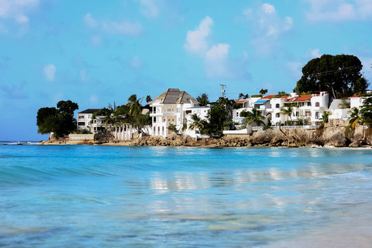 Tropical beach and Caribbean houses in Barbados