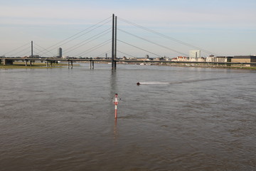 Rheinknie bridge and Oberkasseler bridge over the Rhine in Düsseldorf, Germany 
