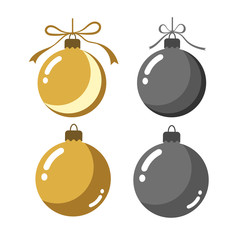 Christmas tree ball icons set. Gray and gold baubles decoration, isolated on white background. Symbol of Happy New Year, Xmas holiday celebration, winter. Flat design for card. Vector illustration
