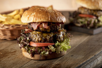 Tasty burgers, American grilling time, place for typography