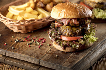 Tasty burgers, American grilling time, place for typography