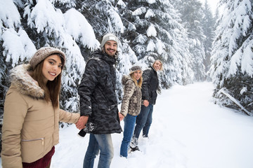 Fototapeta na wymiar Friends Group Snow Forest Happy Smiling Young People Walking Outdoor Winter Pine Woods