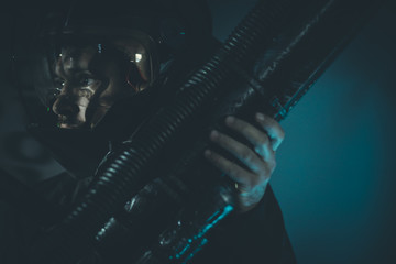 Sci-fi, Fantasy and science fiction scene, space man with metall