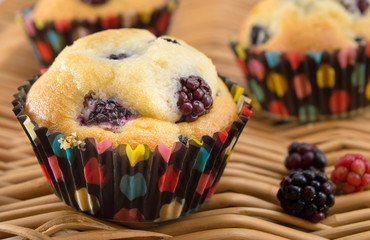 blackberry muffins in paper cups