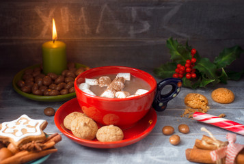 Obraz na płótnie Canvas Red Сup Hot Chocolate with marshmallows and cookies with the sprig of holly,