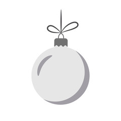 Christmas tree ball with bow. Gray bauble decoration, isolated on white background. Symbol of Happy New Year, Xmas holiday celebration, winter. Flat design for card. Vector illustration