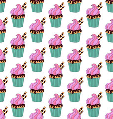 Cute colorful cupcakes seamless vector pattern