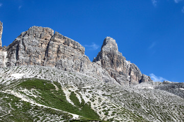 Along the walk Tre Cime di Laveredo trail, three of the most famous peaks of the Dolomites, in the Sesto Dolomites, Italy, Europe