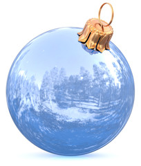 Christmas ball white New Year's Eve bauble chrome decoration shiny wintertime hanging sphere adornment silver souvenir. Traditional ornament happy winter holidays Merry Xmas symbol. 3d illustration