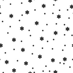 Snowflake simple seamless pattern. Black snow on white background. Abstract wallpaper, wrapping decoration. Symbol of winter, Merry Christmas holiday, Happy New Year celebration Vector illustration