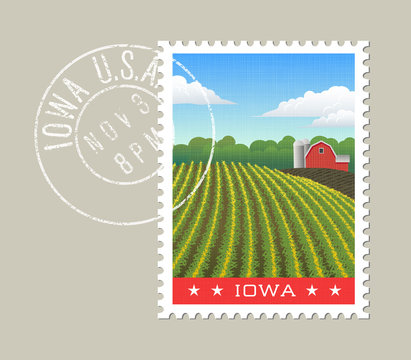 Iowa postage stamp design. Vector illustration of corn field and red barn. Grunge postmark on separate layer