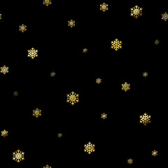 Christmas snowflake seamless pattern. Gold snow black background. Golden abstract wallpaper, wrapping texture. Symbol winter, Merry Xmas holiday, Happy New Year celebration. Vector illustration