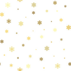 Christmas snowflake seamless pattern. Gold snow white background. Golden abstract wallpaper, wrapping texture. Symbol winter, Merry Xmas holiday, Happy New Year celebration. Vector illustration