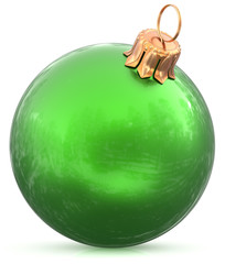 Christmas ball bauble New Year's Eve green decoration hanging sphere shiny wintertime adornment souvenir. Traditional ornament happy winter holidays Merry Xmas symbol closeup. 3d illustration isolated