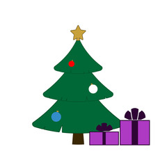 Christmas tree with balls, star, gift. Cartoon icon. Green silhouette decoration sign, isolated on white background. Flat design. Symbol holiday, Christmas, New Year celebration Vector illustration