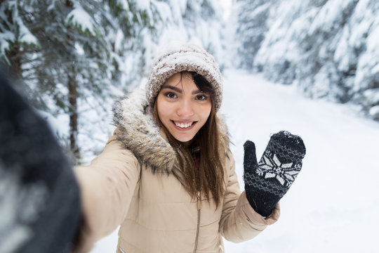 Young Asian Beautiful Woman Smile Camera Taking Selfie Photo In Winter Snow Forest Girl Outdoors Walking White Park