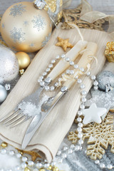 Obraz na płótnie Canvas Silver and golden Christmas Table Setting