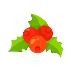 Vector of European Holly leaves and fruit isolated on white. Cartoon style. Cute funny christmas icon. EPS 10 Vector illustration.