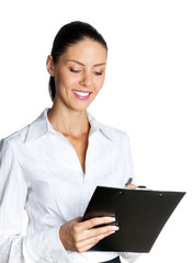 young businesswoman with clipboard writing, isolated