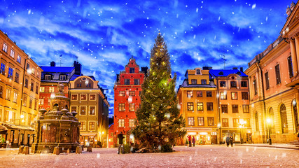 Stortorget-plein versierd met kersttijd & 39 s nachts, Stockholm