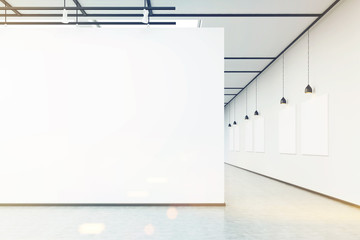Art gallery with large white wall and pictures, toned