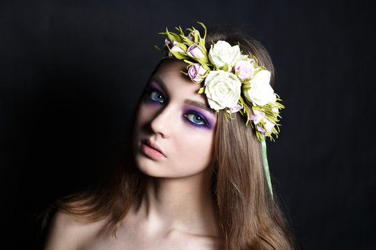 Creative make-up. portrait of a girl model. Studio. high quality portrait photos.