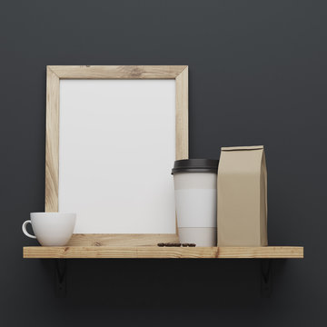 White poster and coffee cups on black wall