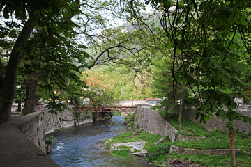 Cerna River bank landscape in Herculane, Romania