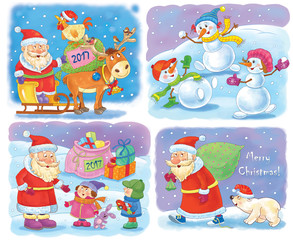 Set of Christmas greeting cards with cute Santa, reindeer, snowmen and kids