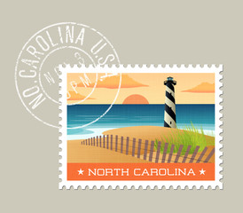 North Carolina postage stamp design. 
Vector illustration of lighthouse on the outer banks. Grunge postmark on separate layer