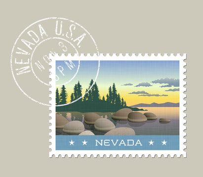 Nevada postage stamp design. 
Vector illustration of Lake Tahoe shoreline. Grunge postmark on separate layer