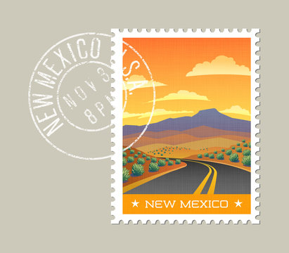 New Mexico postage stamp design. 
Vector illustration of highway through arid landscape. Grunge postmark on separate layer